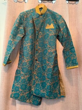 Teal & Gold Floral Jacquard Nehru Jacket